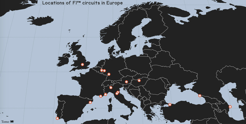 Locations of F1™ circuits in Europe