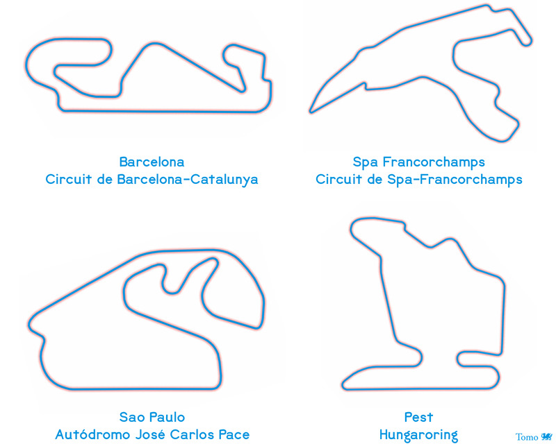 Four distinctive but very recognizable F1™ track (out)lines