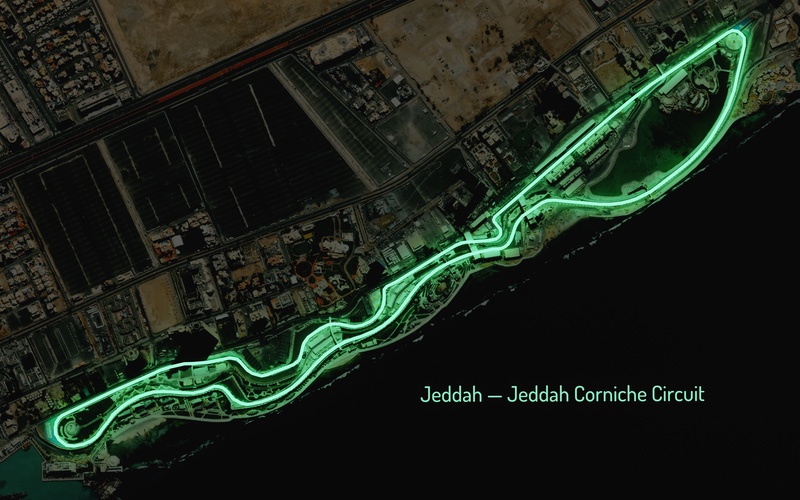 Jeddah Corniche Circuit — F1 Racing Track Map Poster Over High-Resolution Satellite Imagery